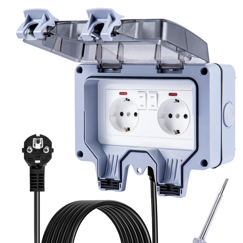 15m Outdoor-Verlängerungskabel mit IP66 Doppelsteckdose – Wasserdichte Gartensteckdose mit Schalter & Kontrollleuchte