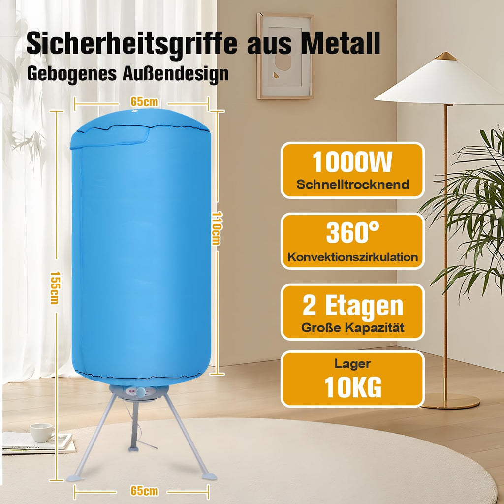 Elektrischer Wäschetrockner (1000W) – Klappbarer 2-Etagen Trockenständer aus Edelstahl mit Timer & 10kg Kapazität