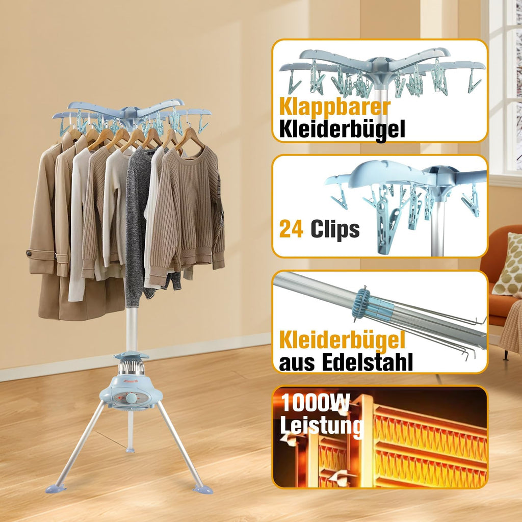 Elektrischer Wäschetrockner (1000W) – Klappbarer 2-Etagen Trockenständer aus Edelstahl mit Timer & 10kg Kapazität