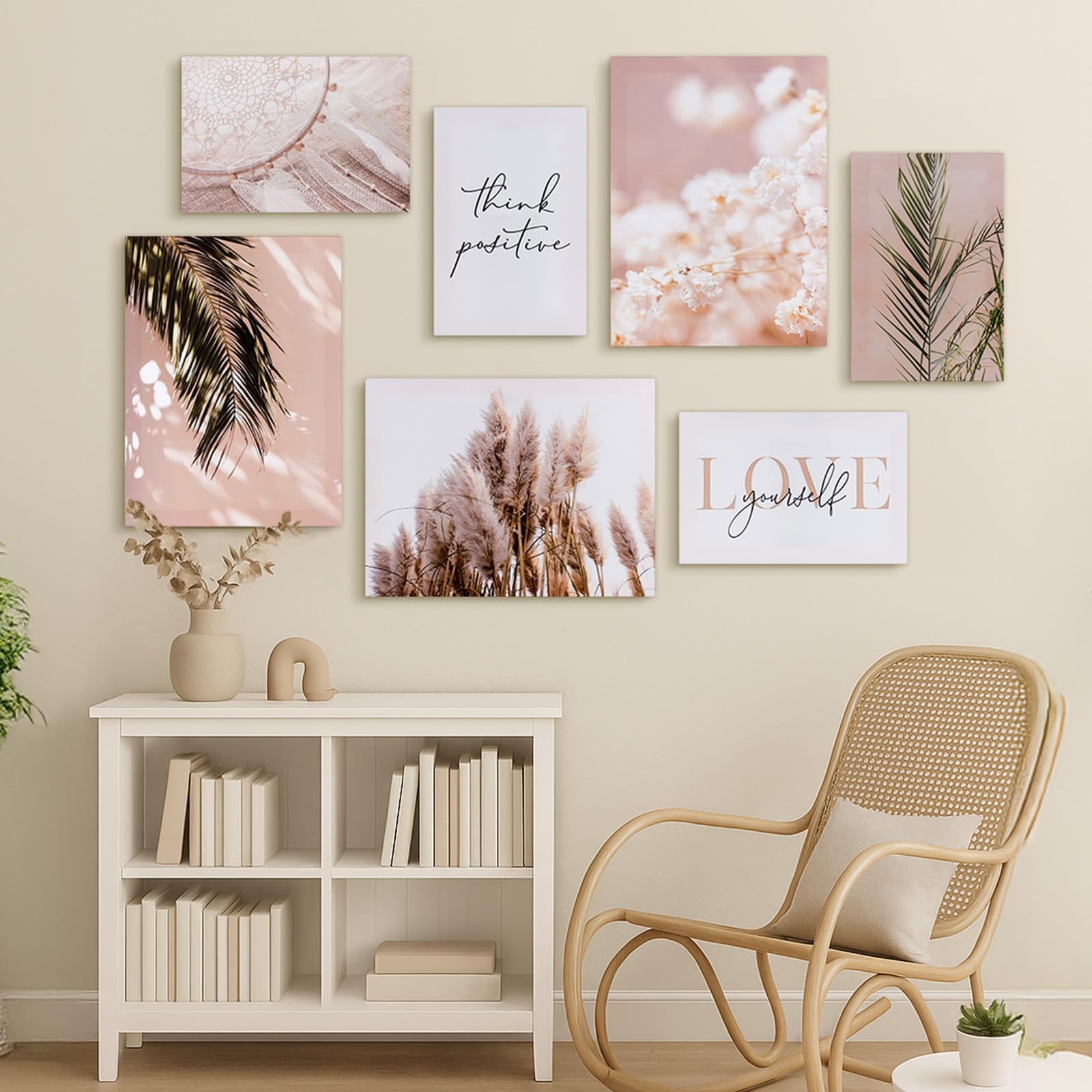 Premium Wandbilder-Set "Boho-Nature" (7-teilig) – Moderne Kunstdrucke mit Pampasgras & Naturmotiven für Wohn- & Schlafzimmer