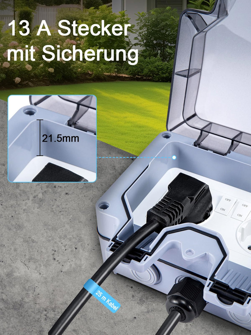 15m Outdoor-Verlängerungskabel mit IP66 Doppelsteckdose – Wasserdichte Gartensteckdose mit Schalter & Kontrollleuchte