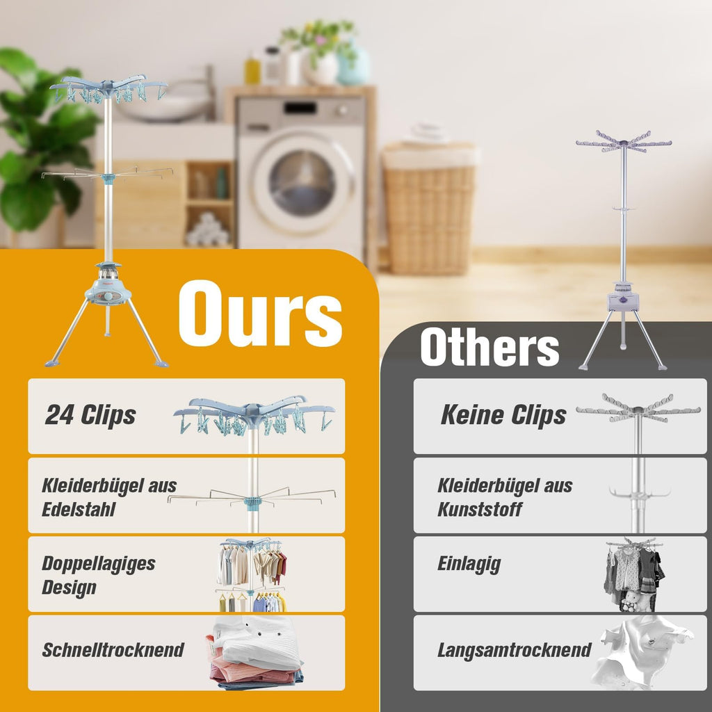Elektrischer Wäschetrockner (1000W) – Klappbarer 2-Etagen Trockenständer aus Edelstahl mit Timer & 10kg Kapazität