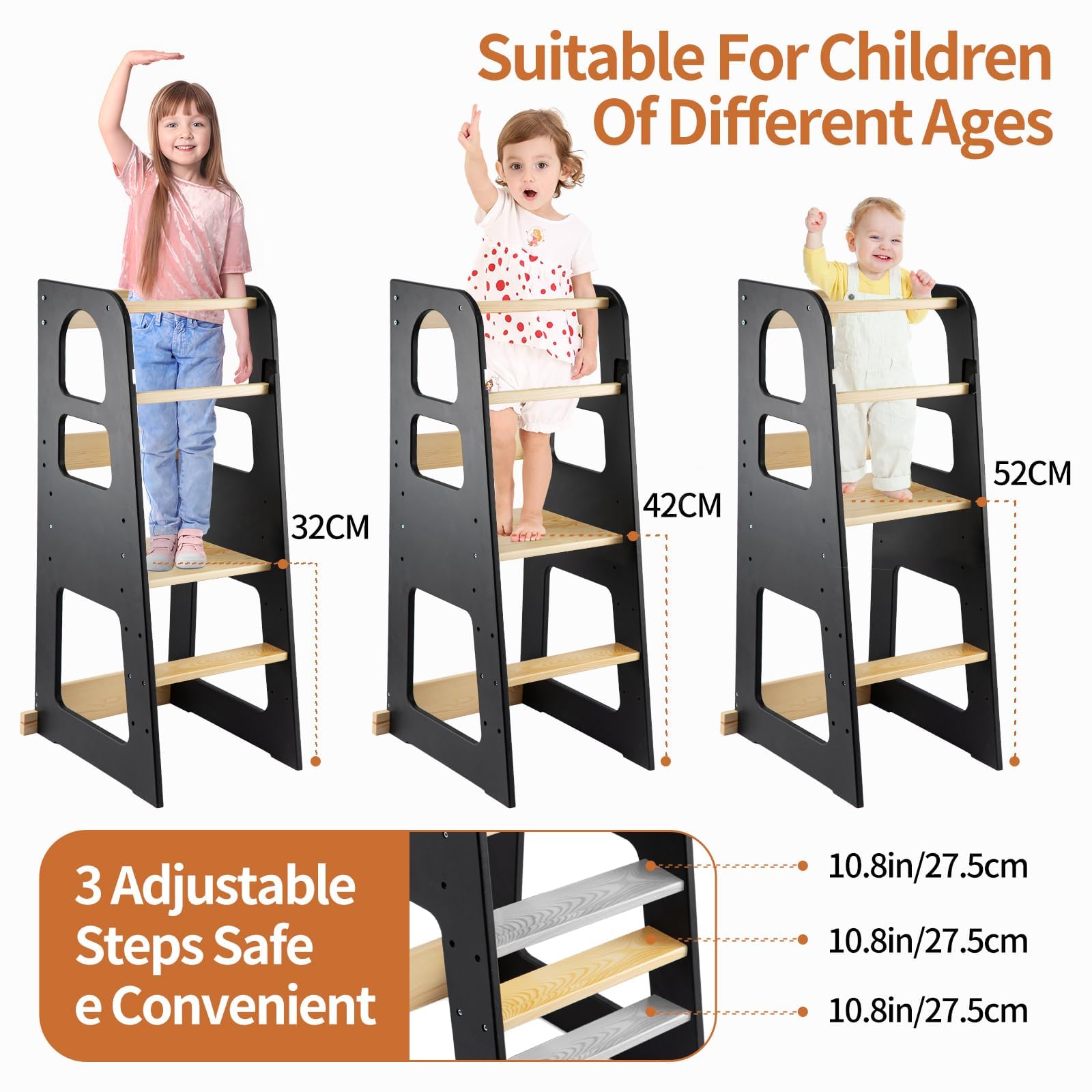 Premium Lernturm für Kinder (ab 1 Jahr) – 3-stufig höhenverstellbar, sicher & stabil mit Kippschutz