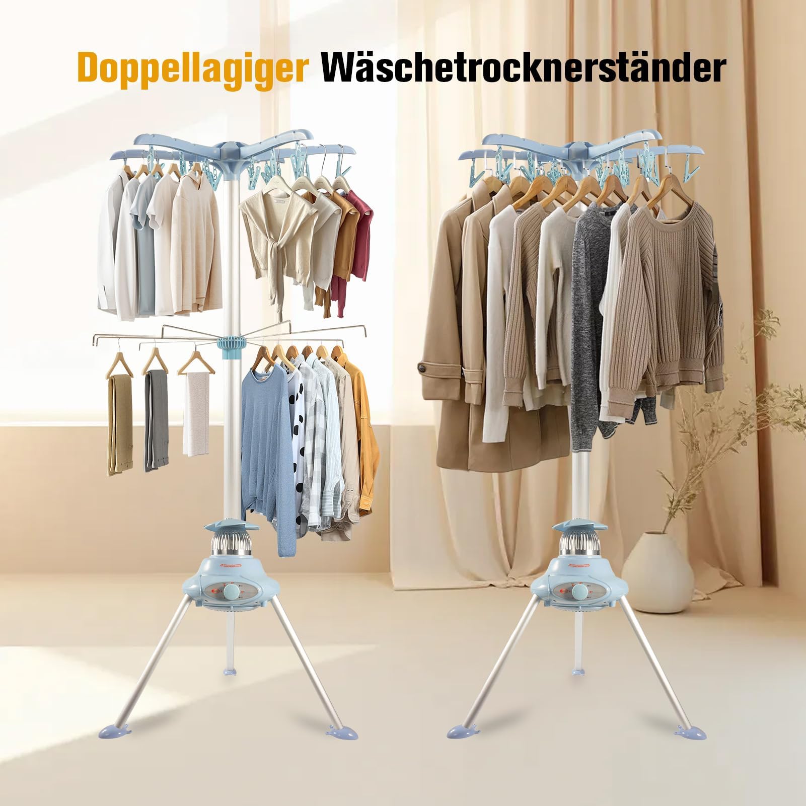 Elektrischer Wäschetrockner (1000W) – Klappbarer 2-Etagen Trockenständer aus Edelstahl mit Timer & 10kg Kapazität