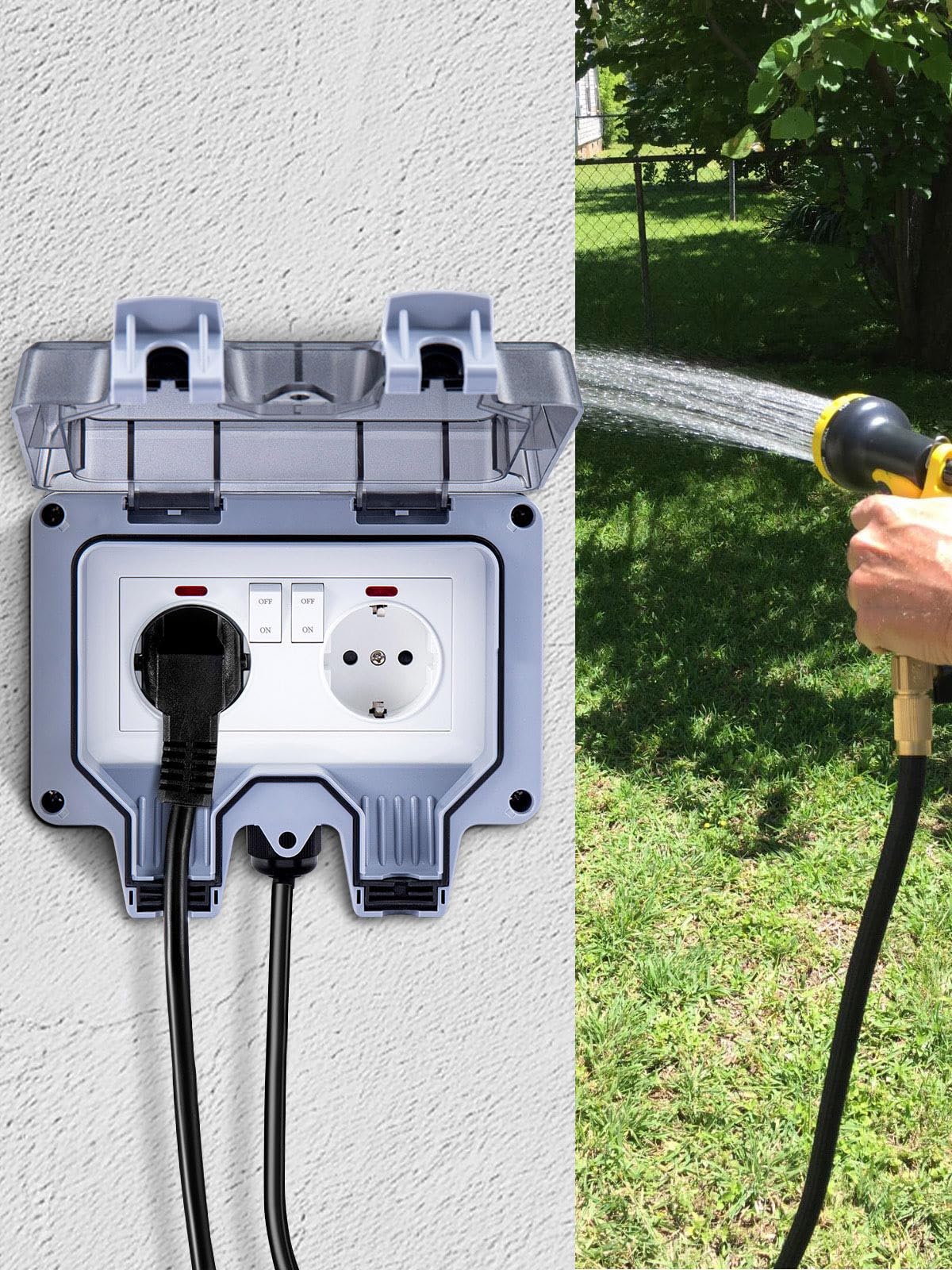 15m Outdoor-Verlängerungskabel mit IP66 Doppelsteckdose – Wasserdichte Gartensteckdose mit Schalter & Kontrollleuchte