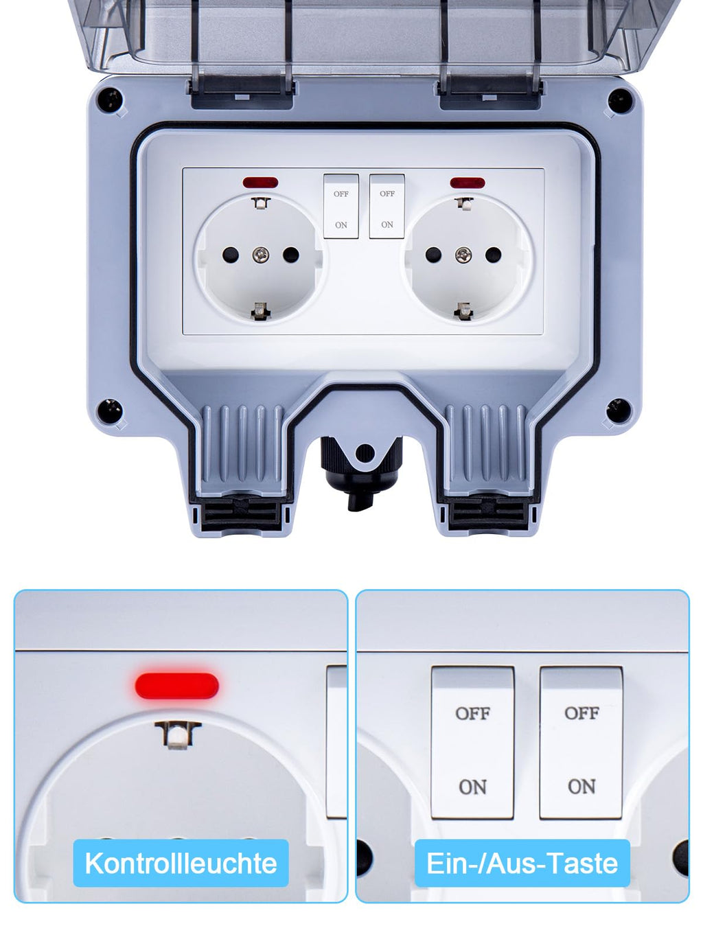 15m Outdoor-Verlängerungskabel mit IP66 Doppelsteckdose – Wasserdichte Gartensteckdose mit Schalter & Kontrollleuchte